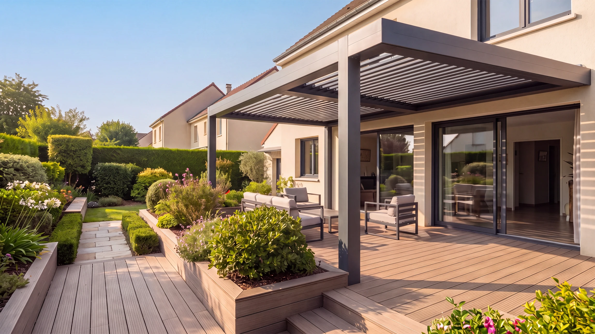 Terrasse extérieure moderne avec pergola bioclimatique à lames orientables en aluminium anthracite