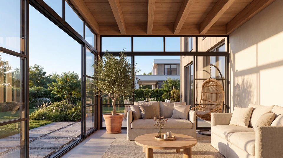 Véranda moderne avec mobilier contemporain, fauteuils gris et coussins colorés
