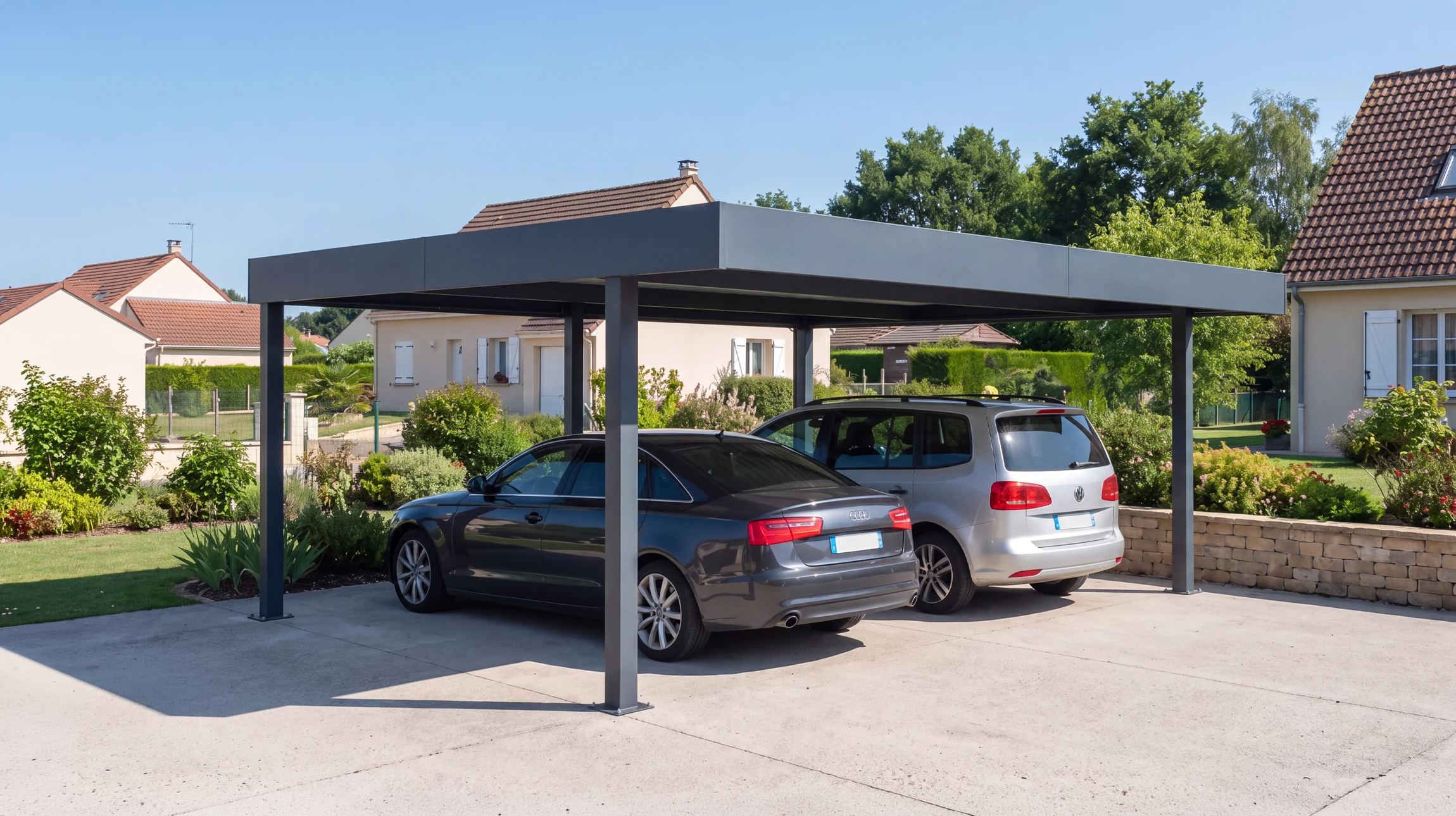 Extérieur résidentiel moderne avec carport métallique anthracite à structure aluminium et toiture plate